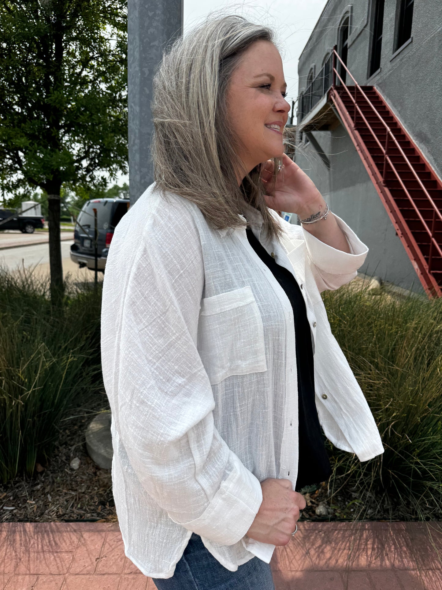Beach Day White Linen Buttonup Top
