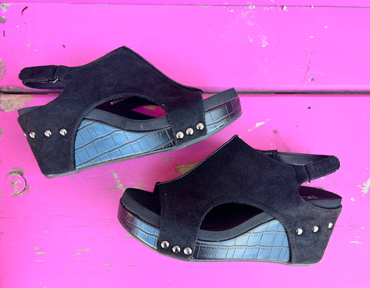 CORKYS BLACK SUEDE CROCO CARLEY WEDGES