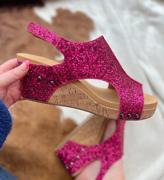 Corkys Fuchsia Glitter Carley Wedges