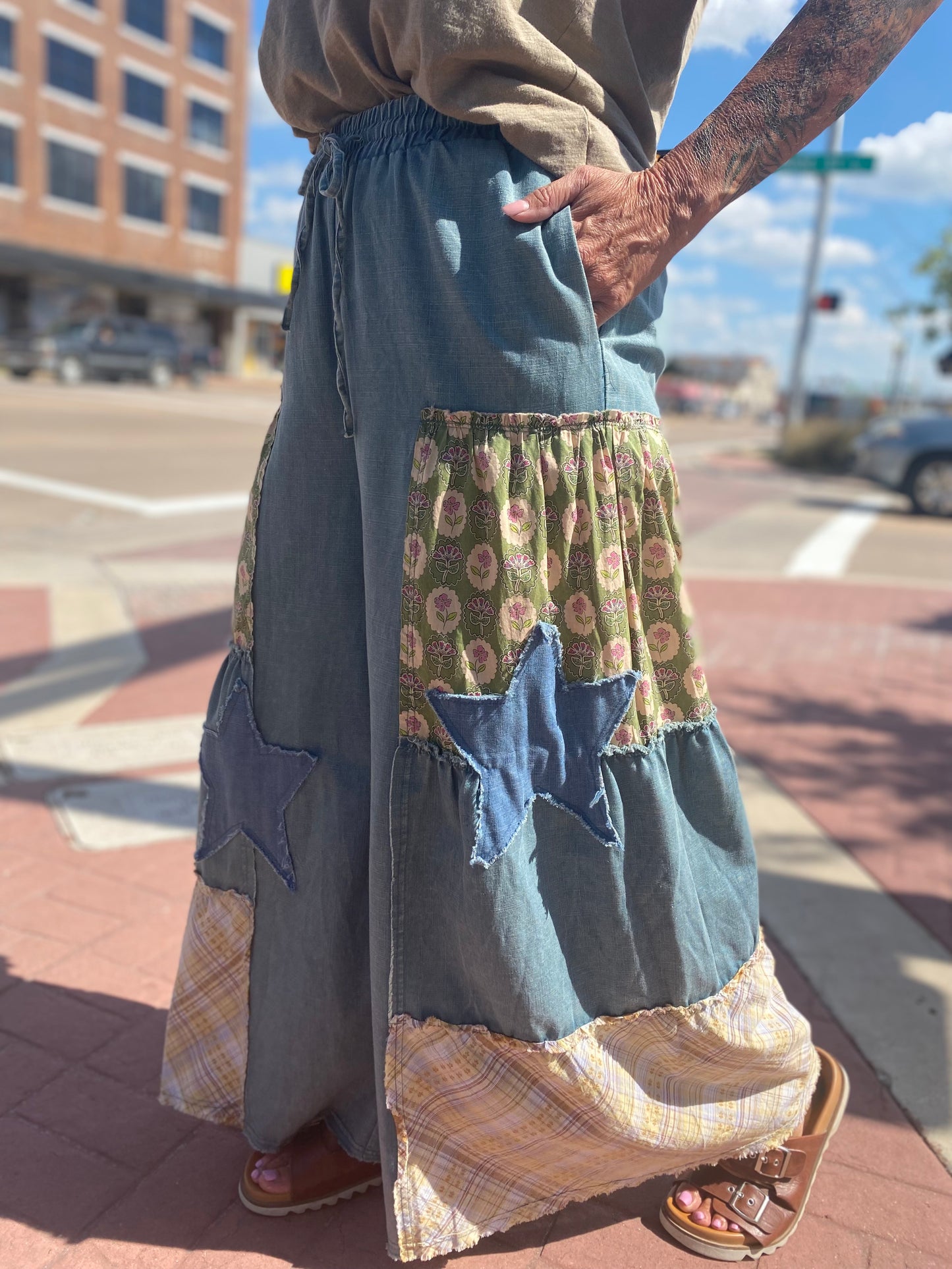 BLUE DENIM PATCHWORK STARS PANTS