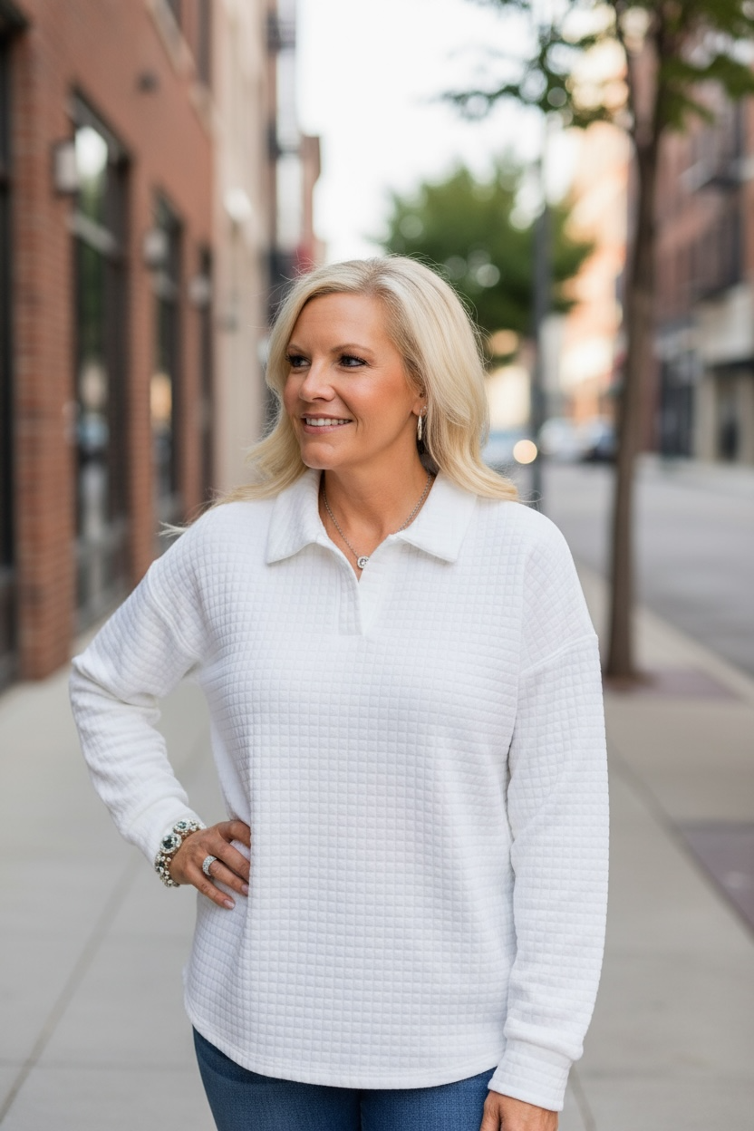 WHITE QUILTED TEXTURED LONG SLEEVE TOP