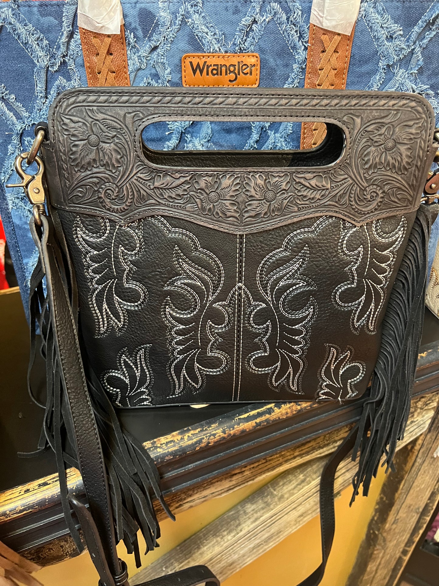 Wrangler Tooled Fringe Black Large Purse