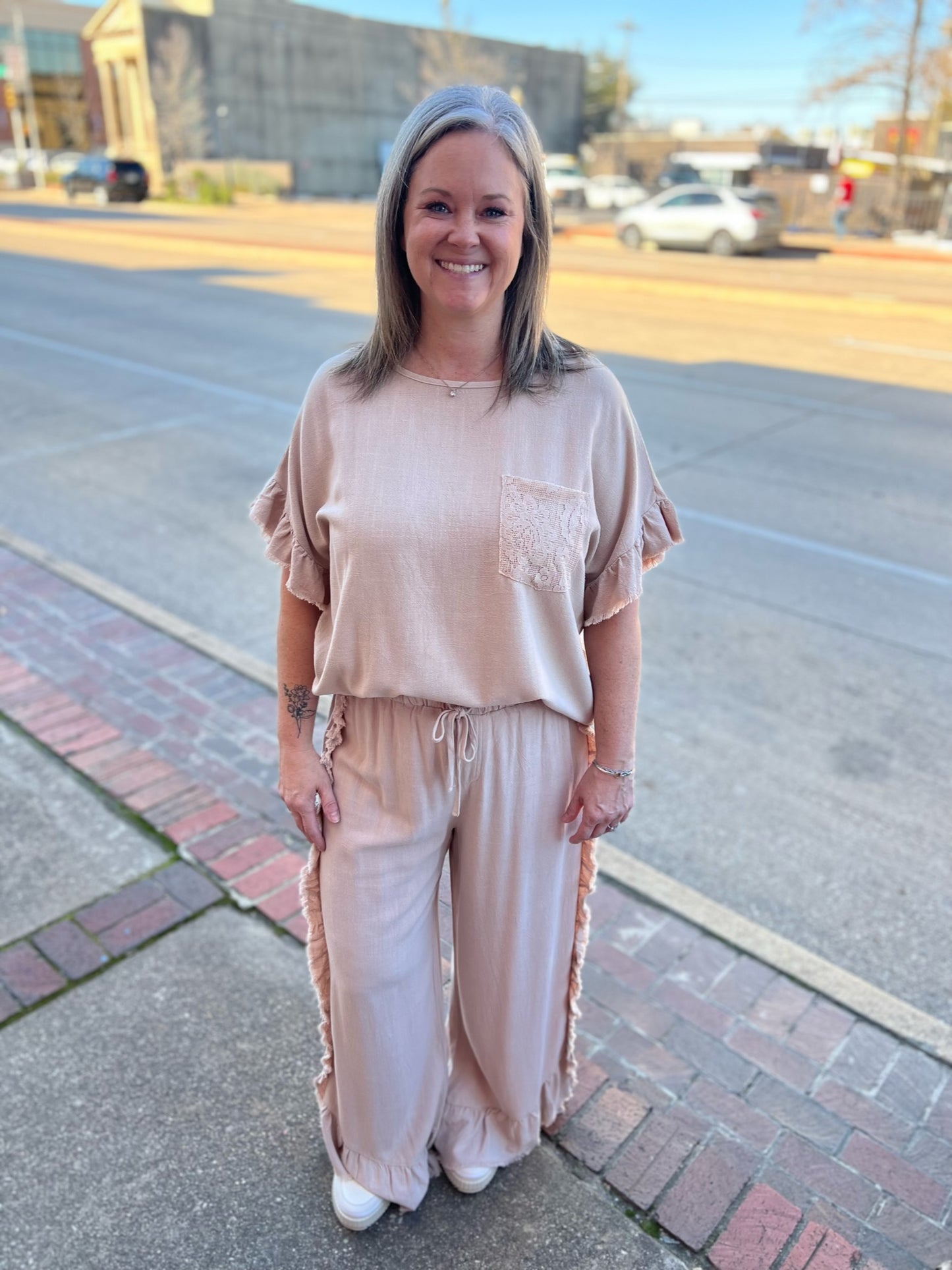 Mindy Mineral Wash Ruffle Wide Palazzo Pants