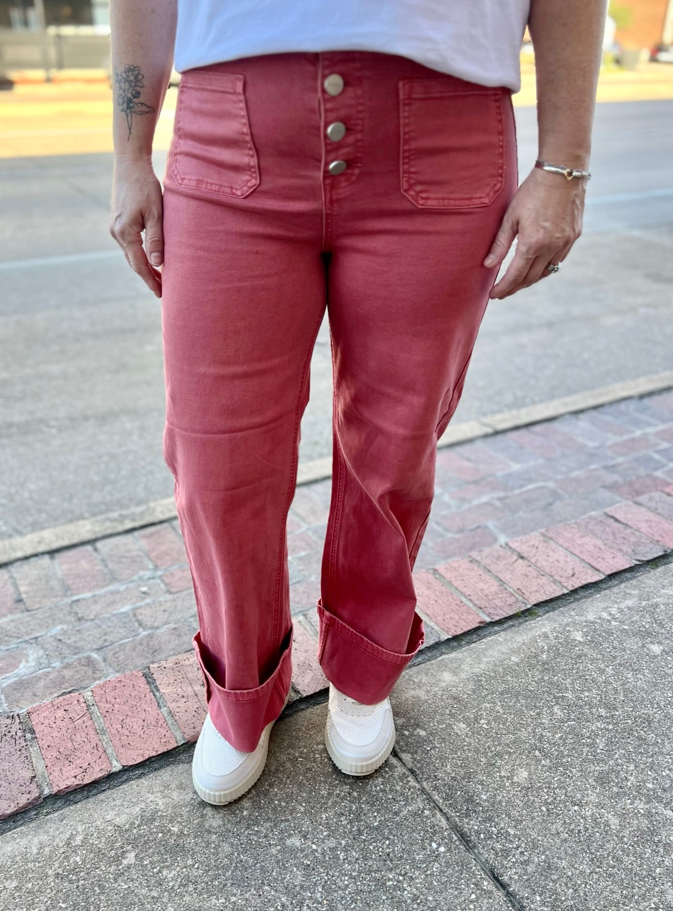 Risen Brick High Rise Wide Leg Cuff Jeans