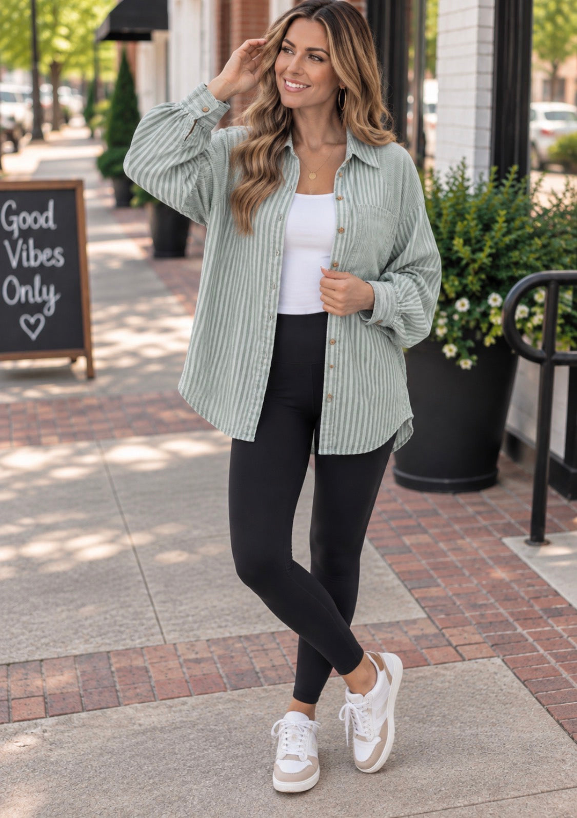BOHO SAGE GAUZE STRIPES TOP