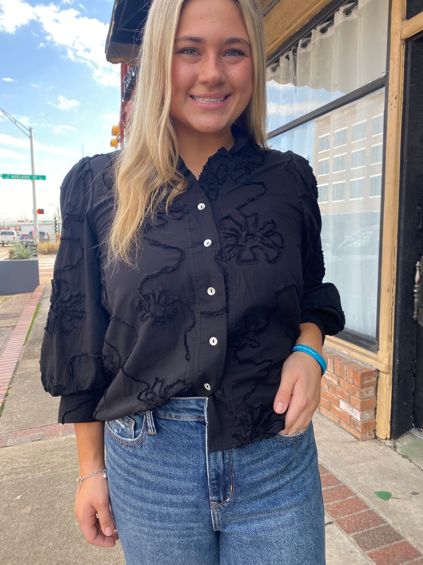 Black Button Up Black Flowers Top