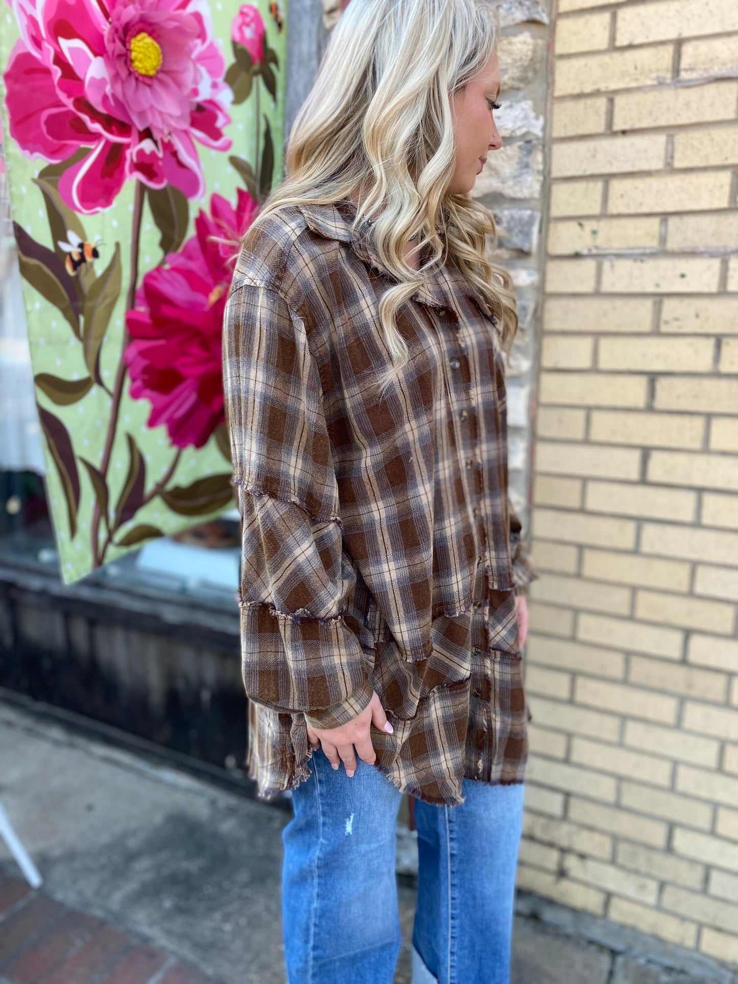BOHO COFFEE PLAID OVERSIZED BUTTON DOWN