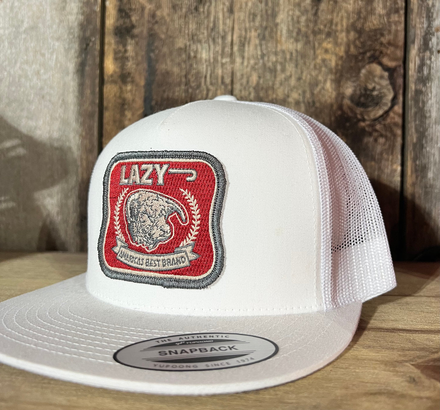 Lazy J White with Red and Gray Patch