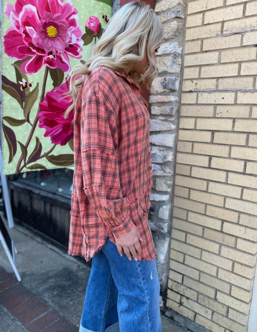 Boho Faded Red Plaid Oversized Button Up