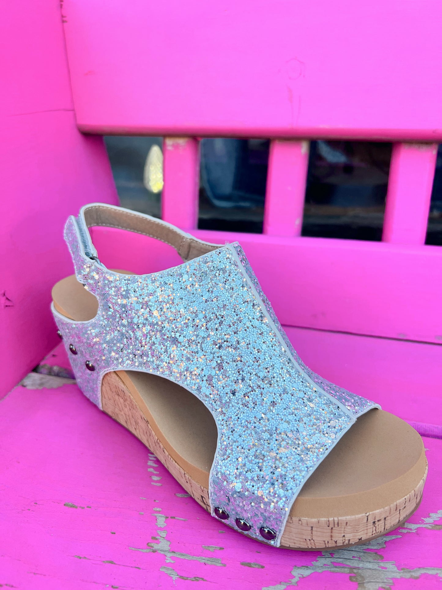 Corkys Carley Silver Glitter Wedges