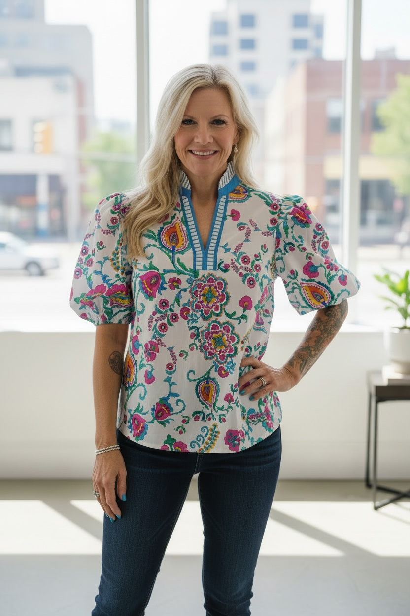 PENELOPE PAISLEY PUFF SLEEVE TOP