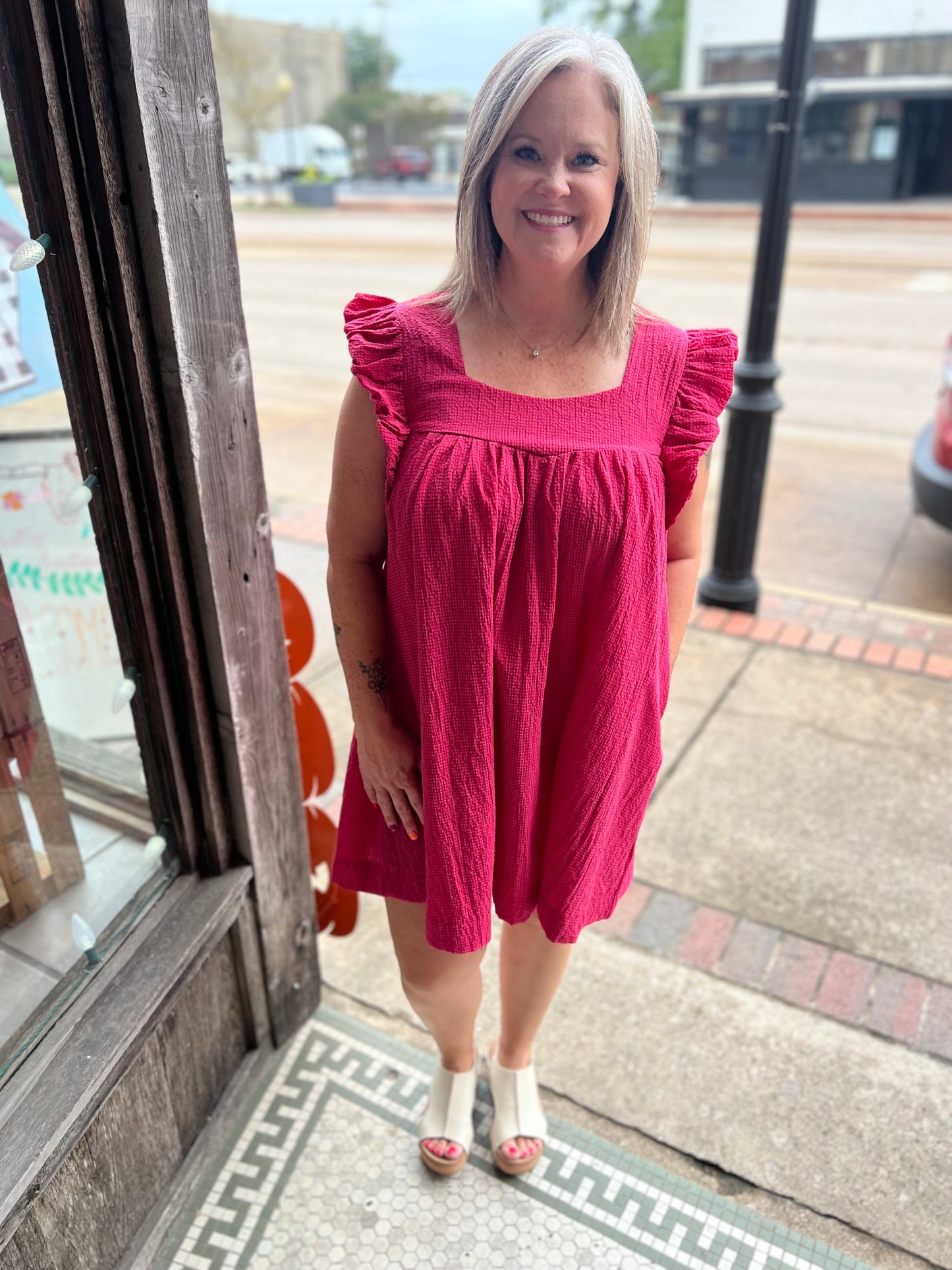 Raspberry Ruffle Sleeve Dress