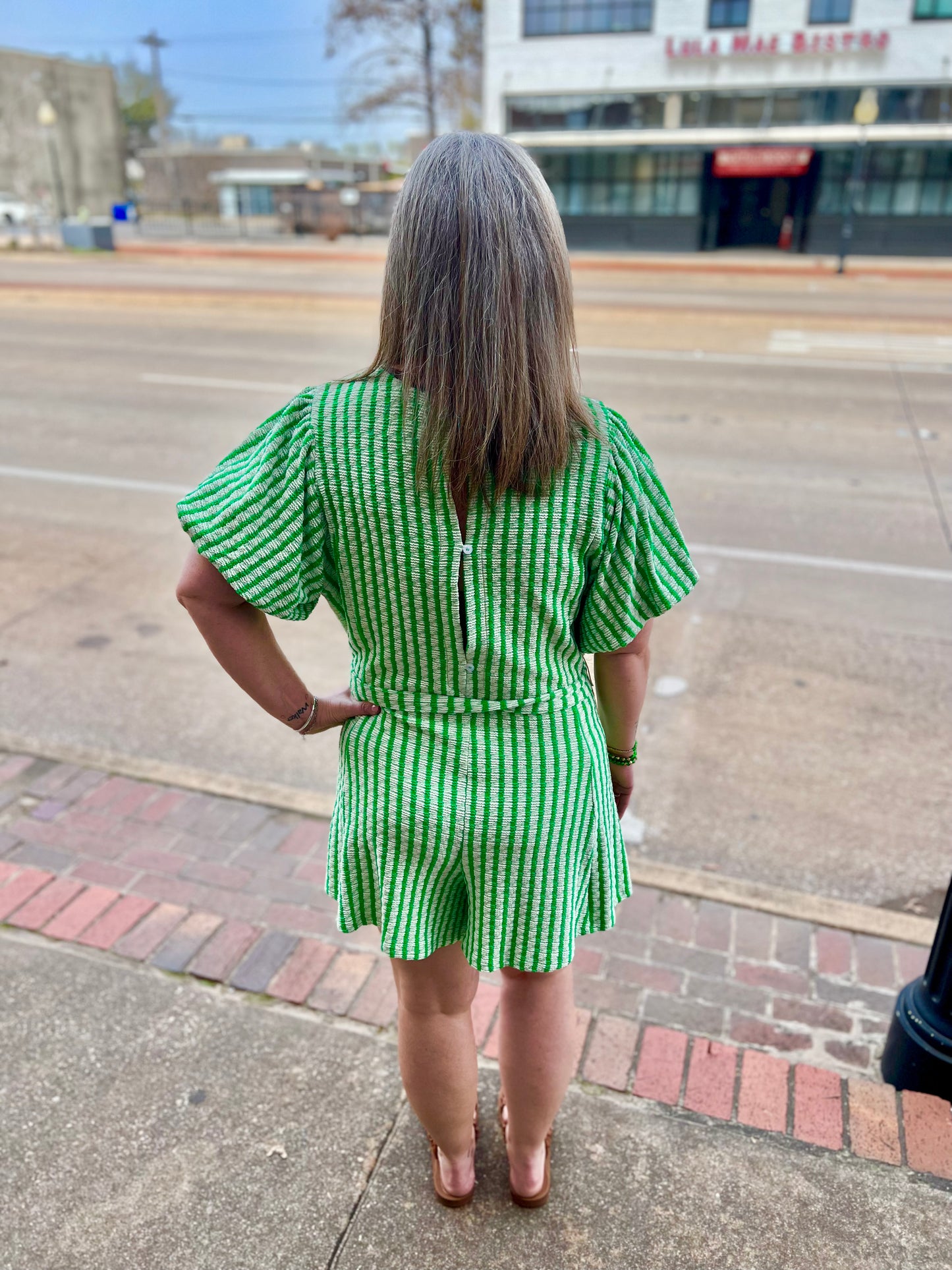 Kelly Green Striped Romper