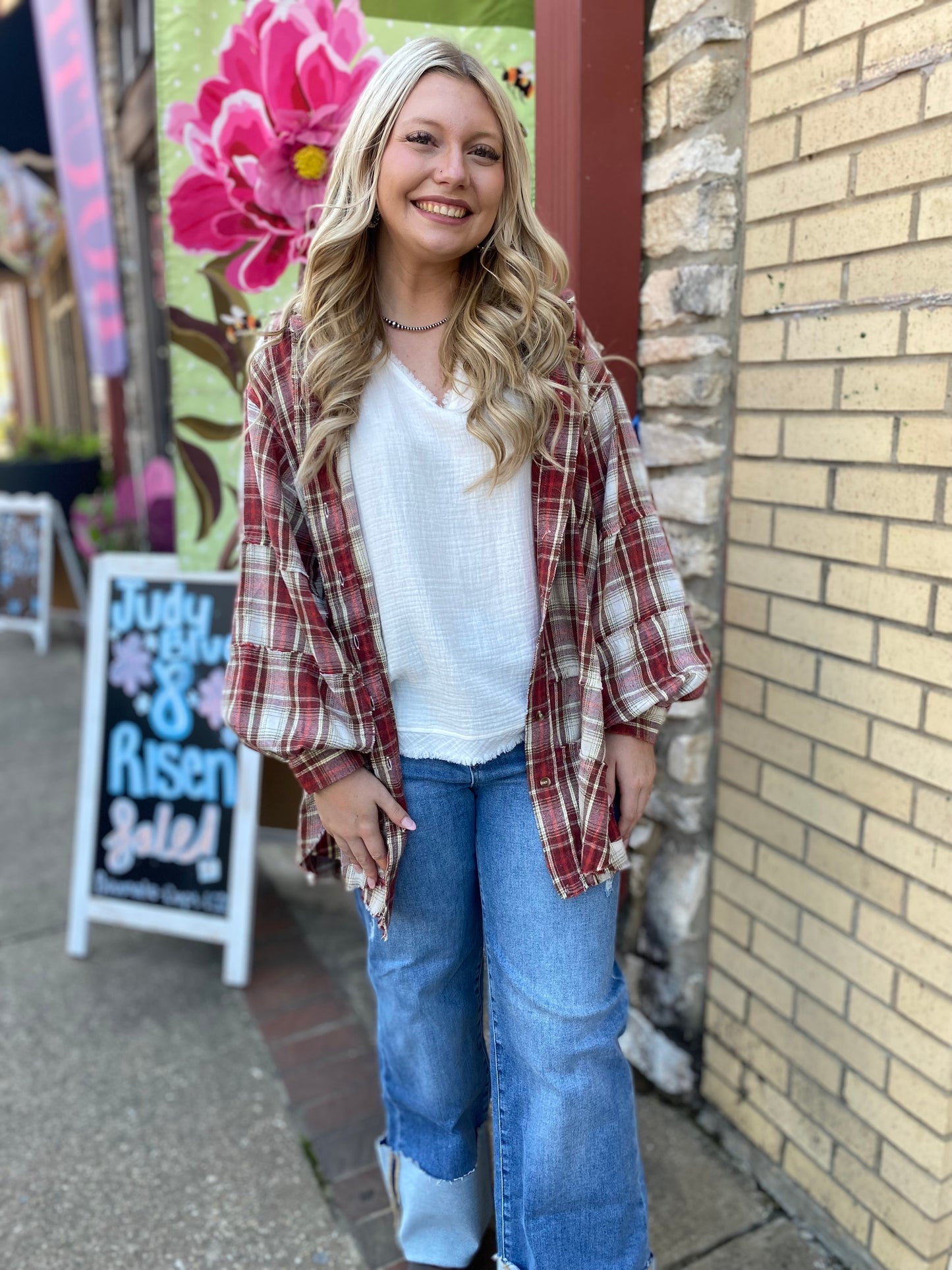 BOHO CRIMSON PLAID OVERSIZED BUTTON DOWN