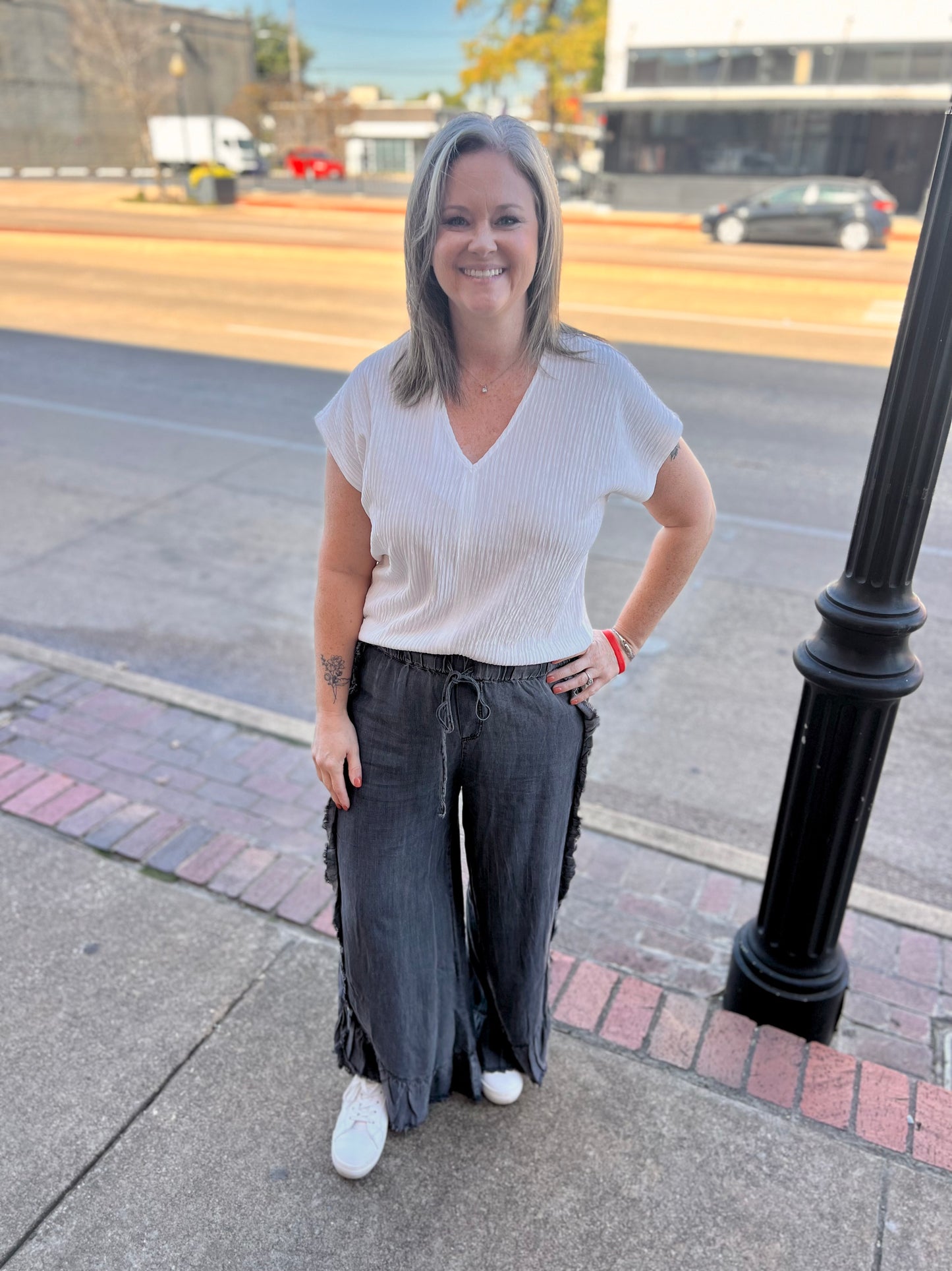 Black Mineral Washed Ruffle Pants