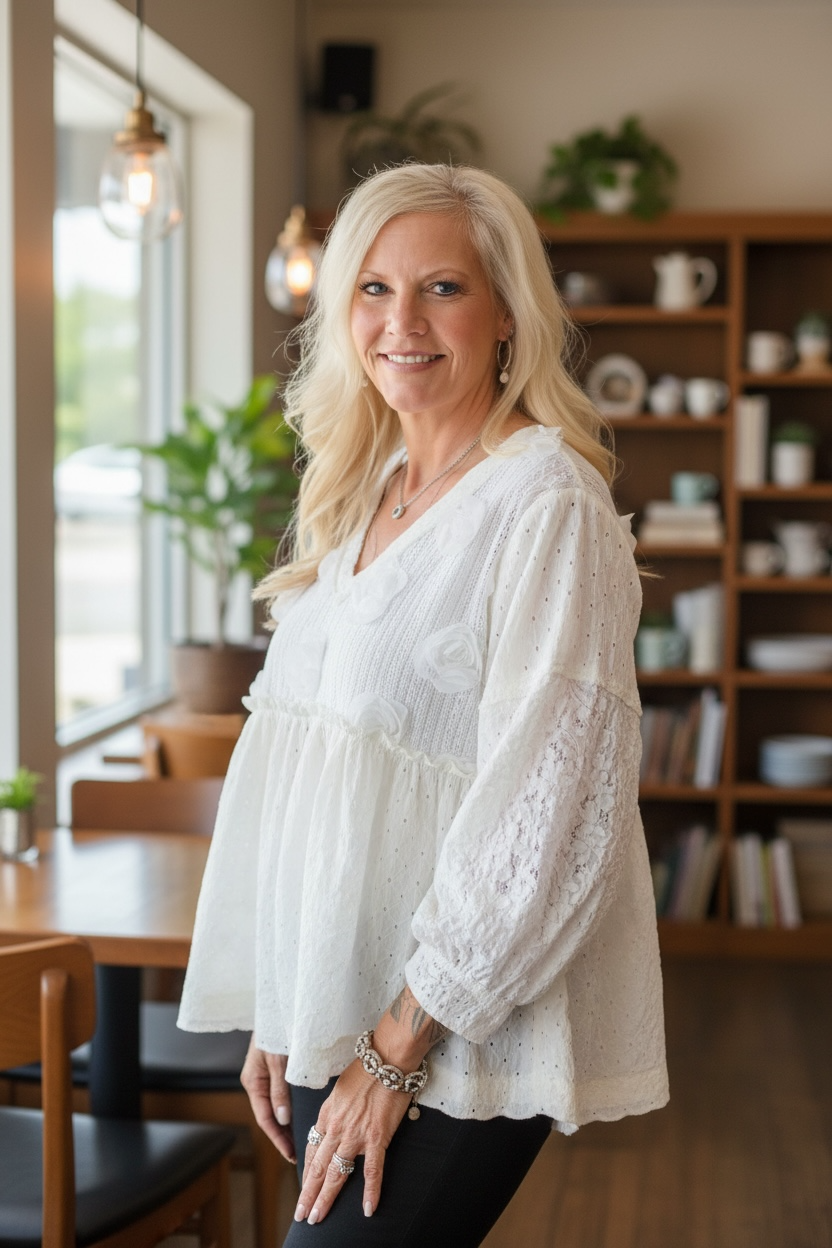 IVORY BALLOON SLEEVE FLOWY TOP