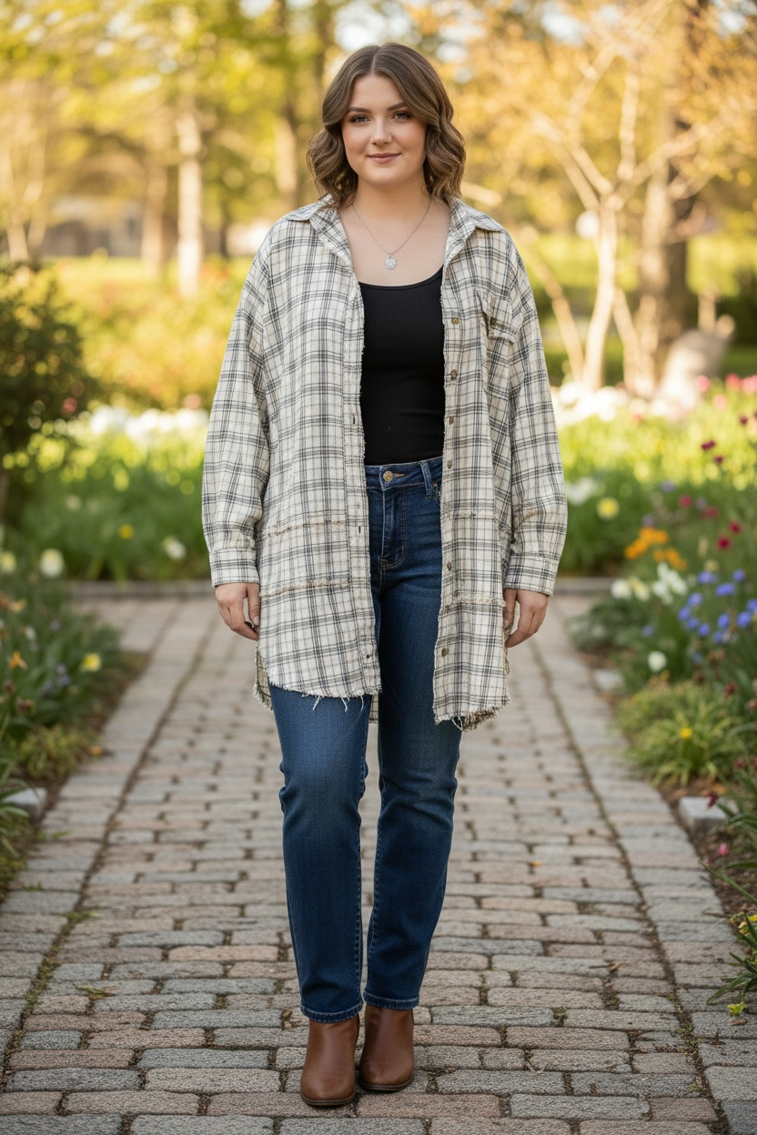 Boho Natural Plaid Oversized Button Down