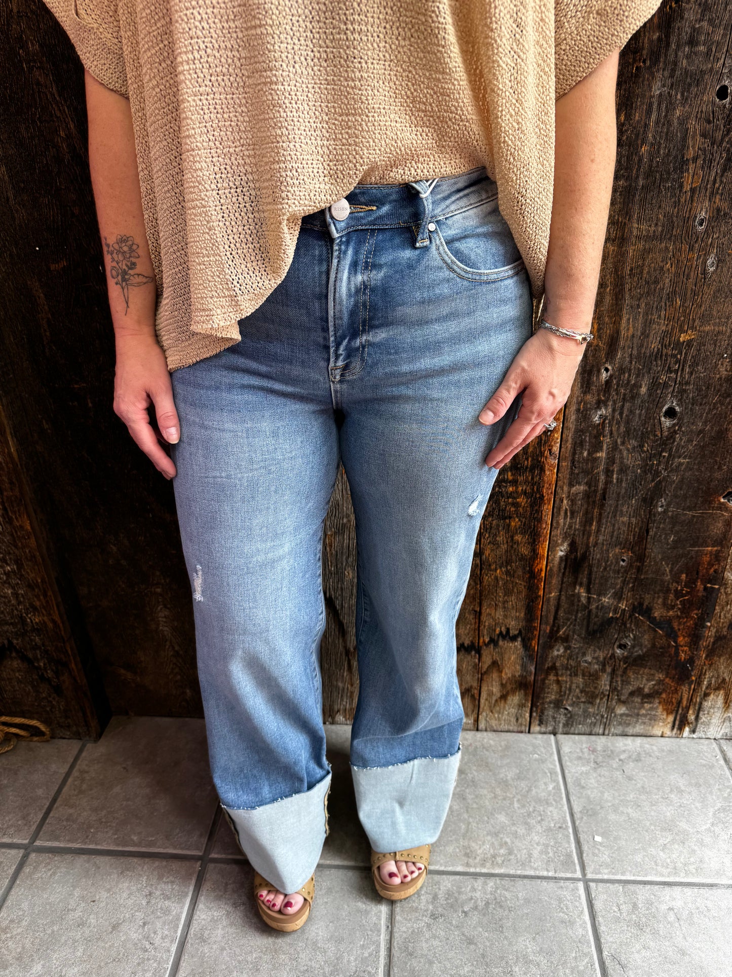 Risen Lettie Wide Leg Cuffed Jeans