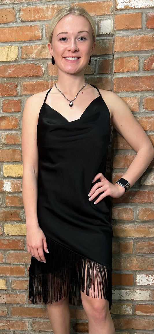 Black Cowl Neck Fringe Dress