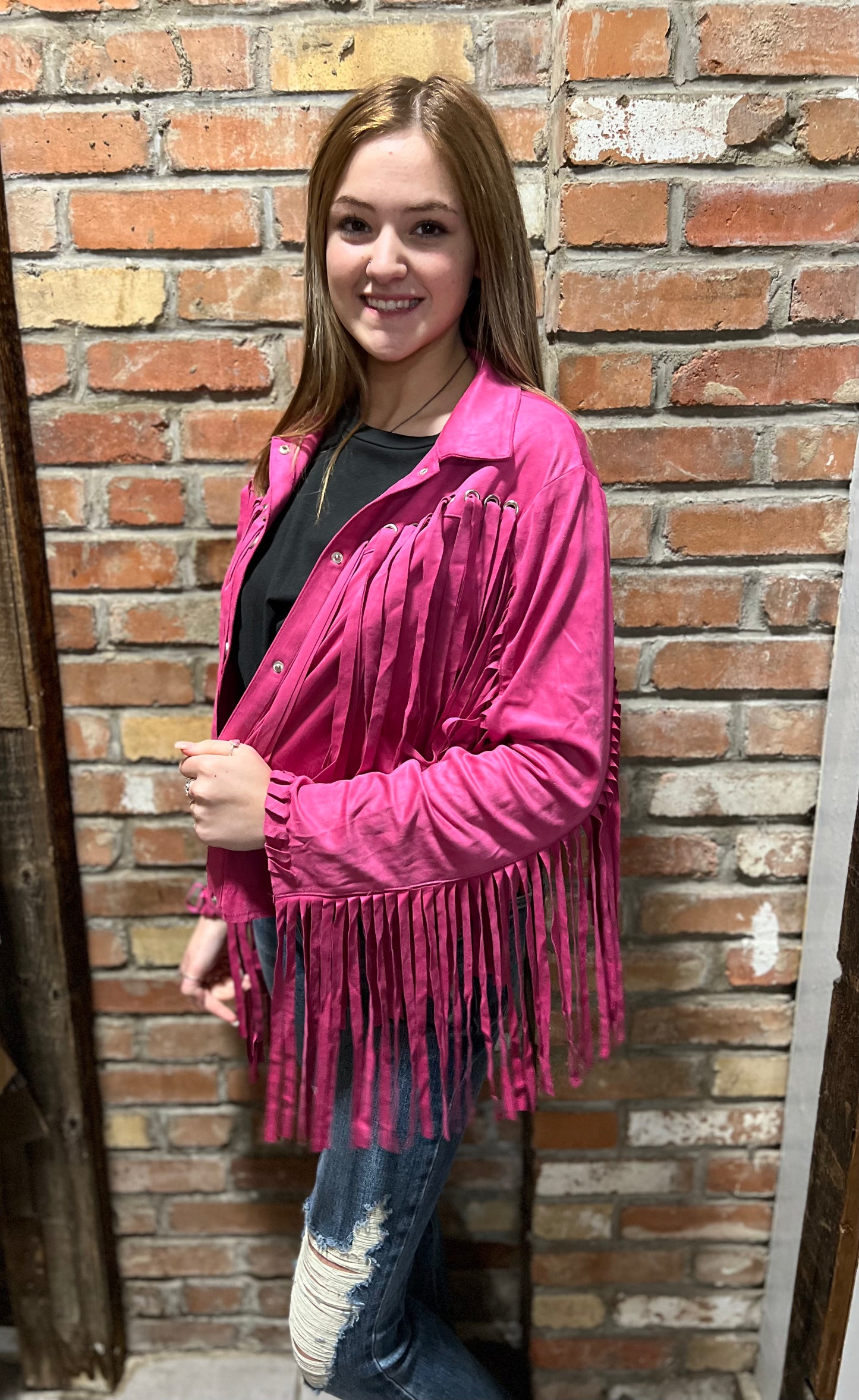 Suede Eyelet Fringe Hot Pink Jacket