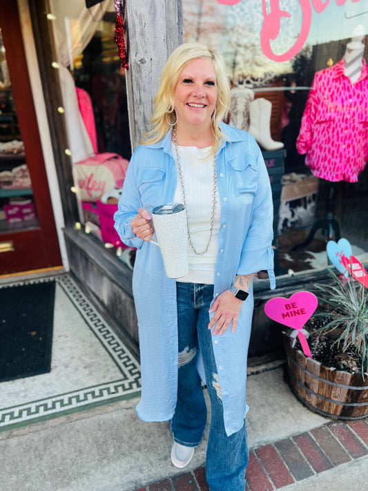 Silky Sky Blue Long Button Up
