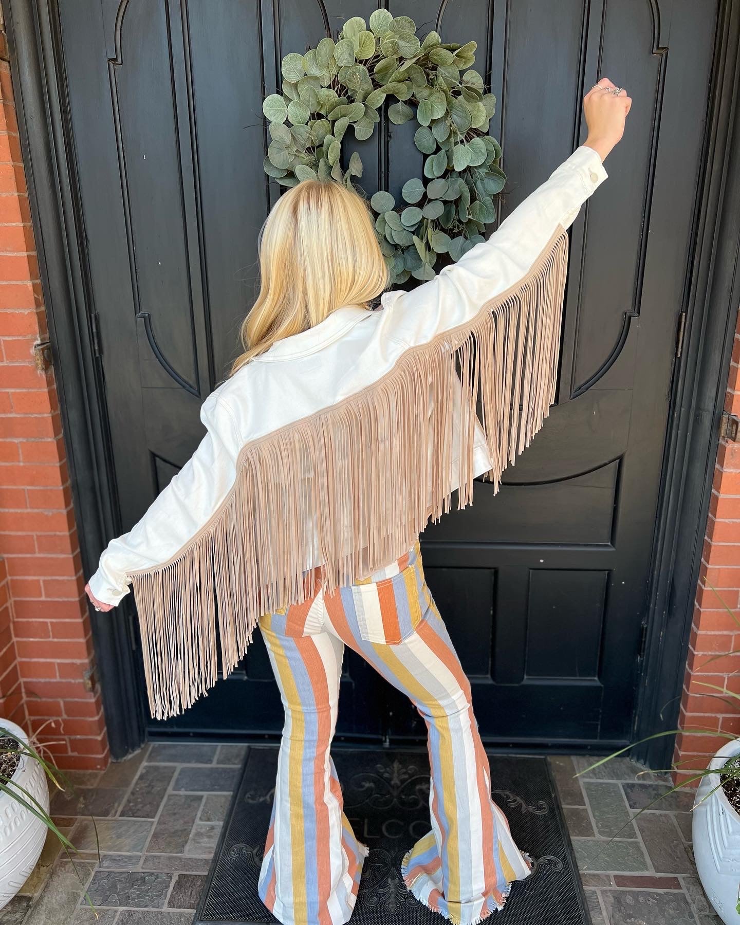 Judy Blue White Denim Taupe Fringe Jacket