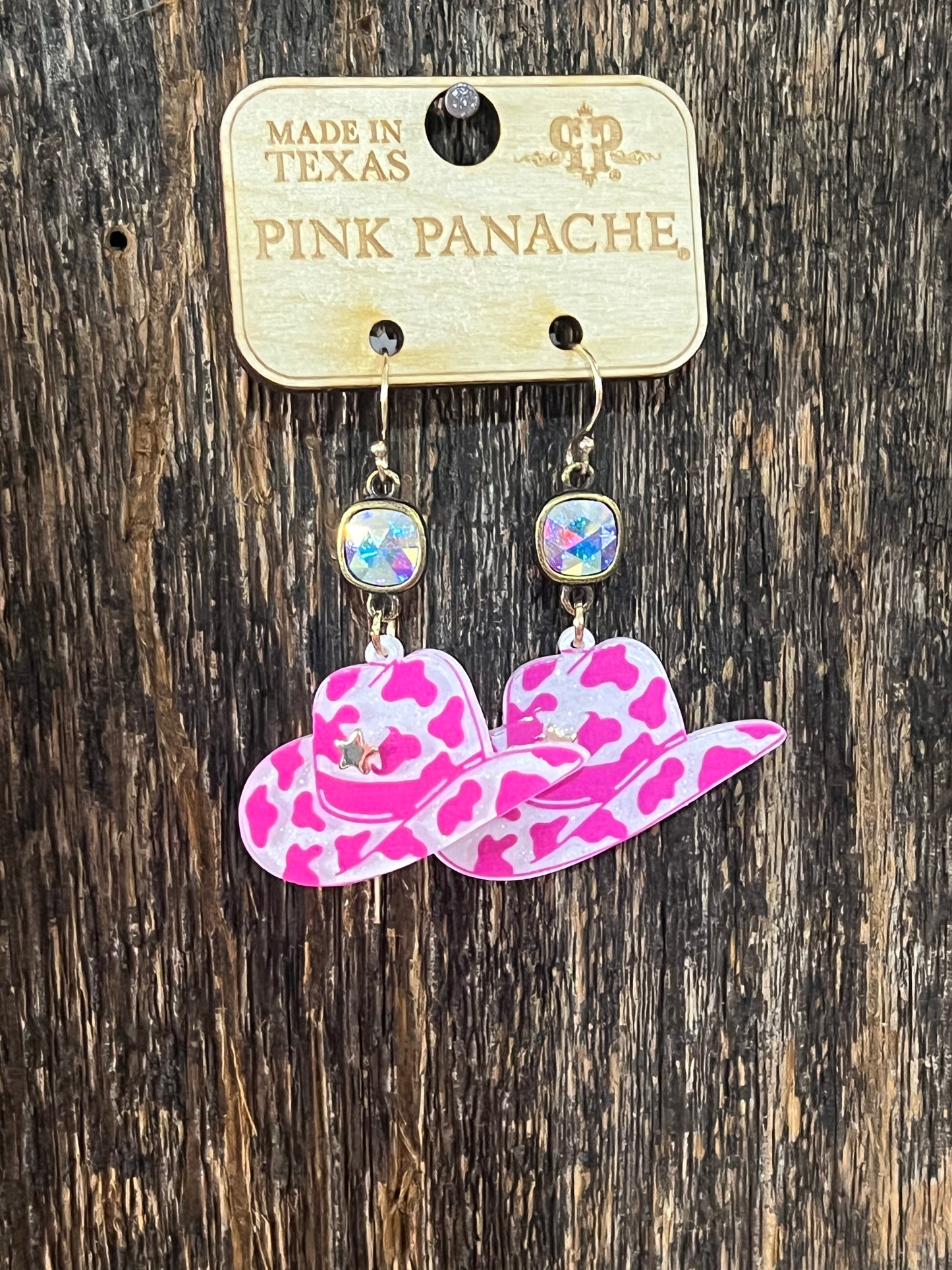 Pink Panache cowprint cowboy hat earrings