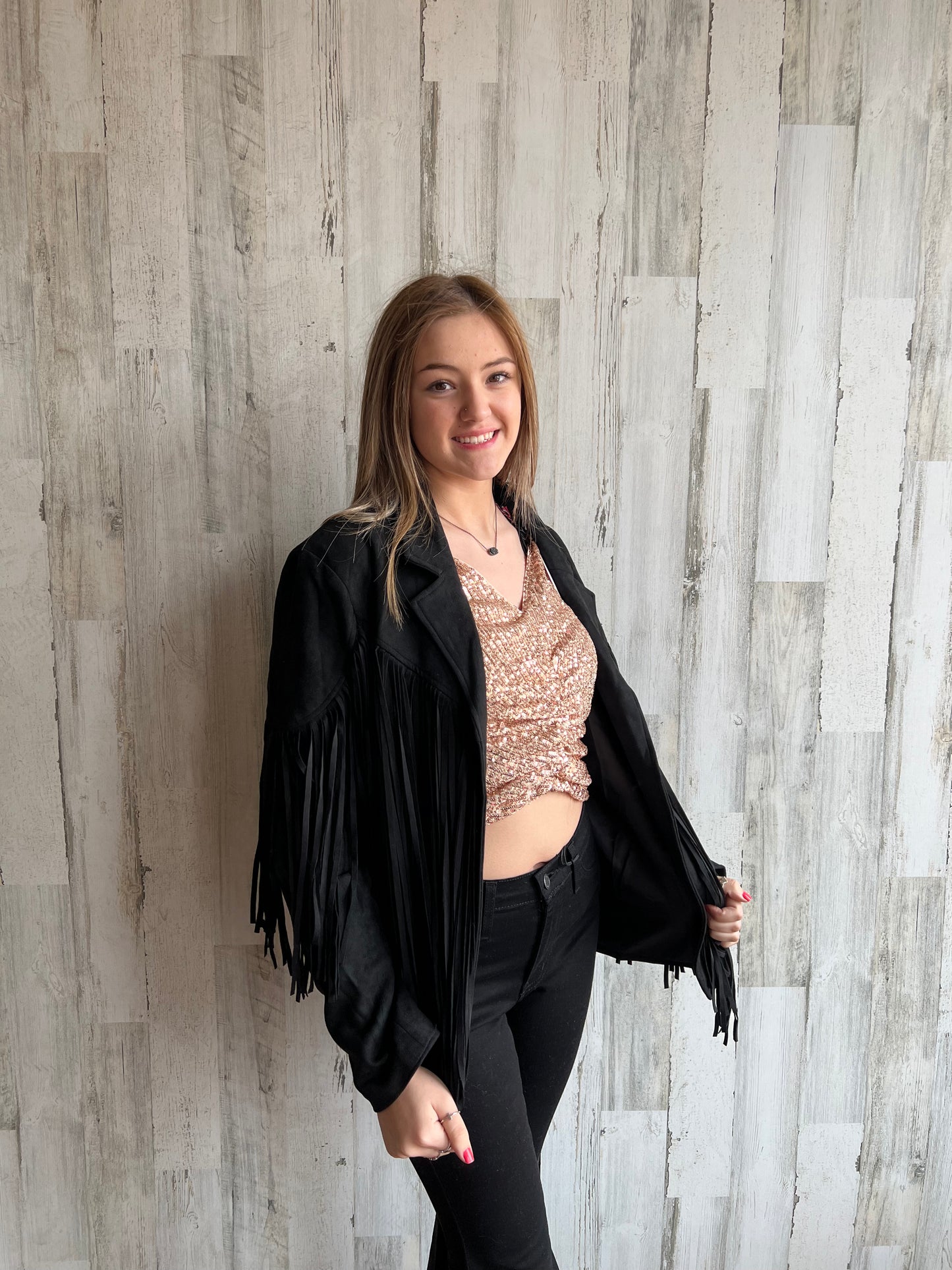 Black Faux Suede Fringe Jacket
