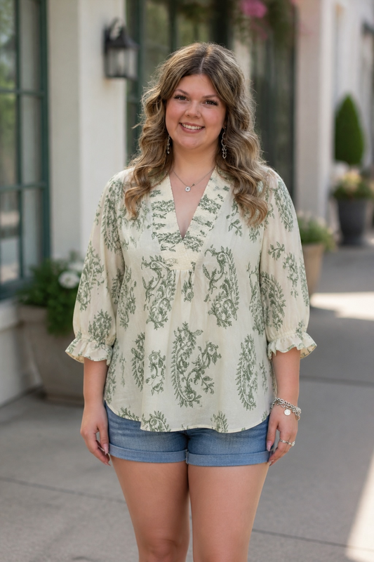 Green Paisley V Neck Top