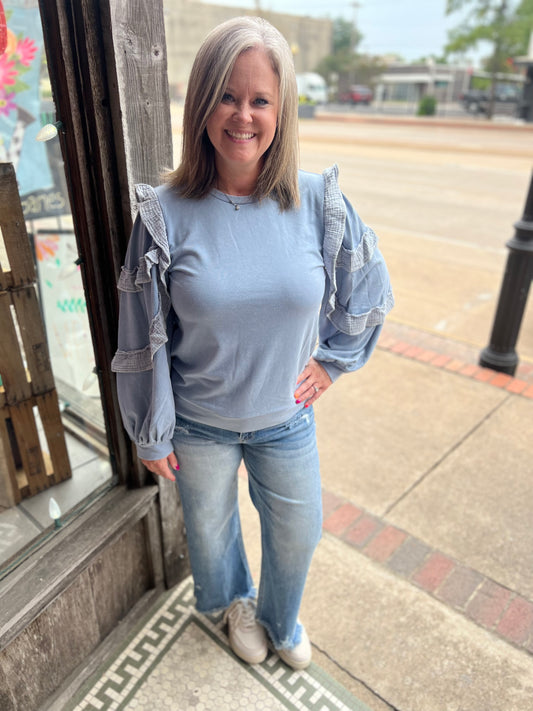 Blue Ruffled Long Sleeve Top