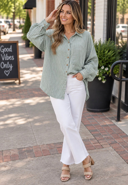 BOHO  SAGE GAUZE STRIPES TOP