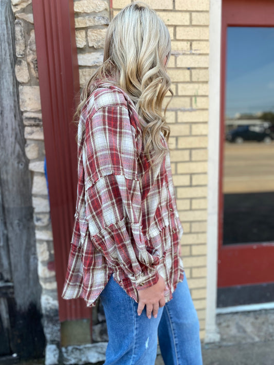 BOHO CRIMSON PLAID OVERSIZED BUTTON DOWN
