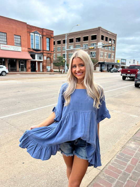 Polly Blue Ruffle Top