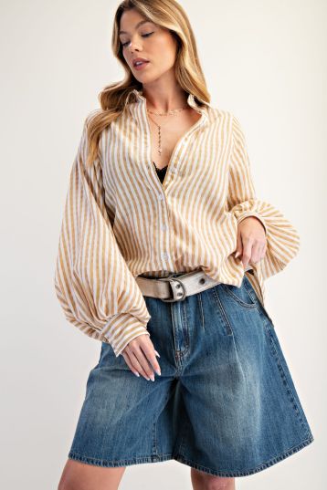 CARMEL STRIPES BALLOON SLEEVE TOP