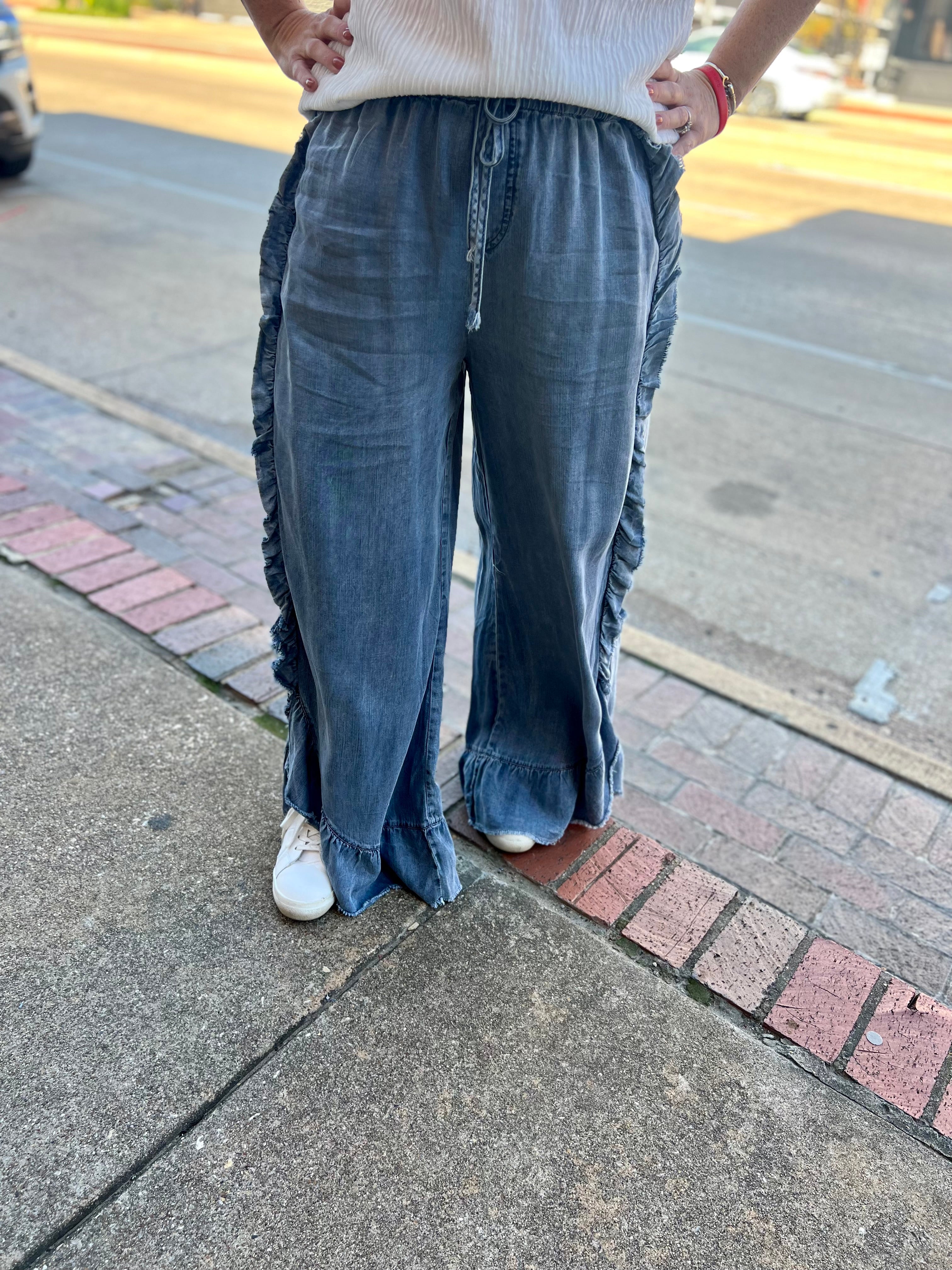 Demi Washed Denim Ruffle Pants – GrittyBelleBoutique