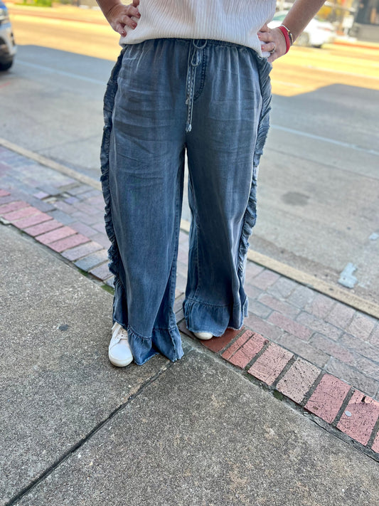 Demi Washed Denim Ruffle Pants