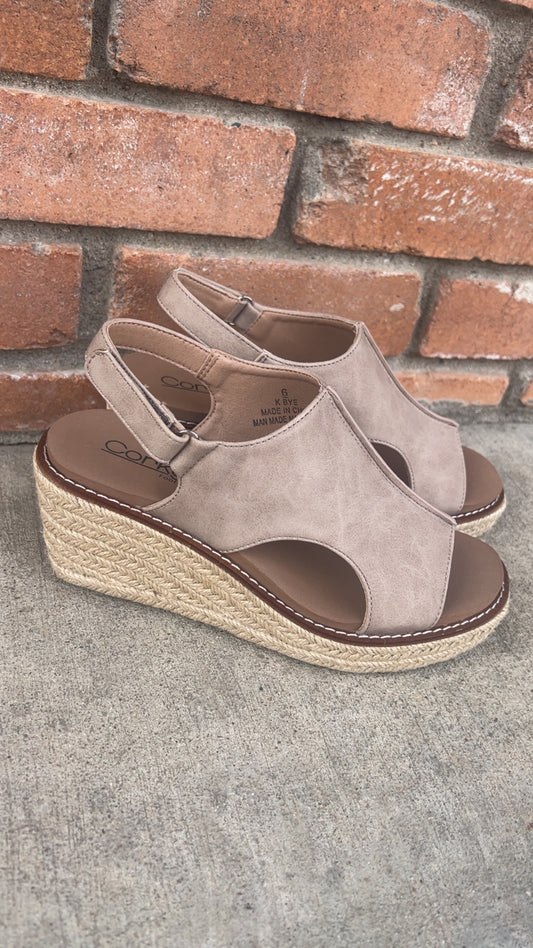 Corkys K Bye Taupe Wedges