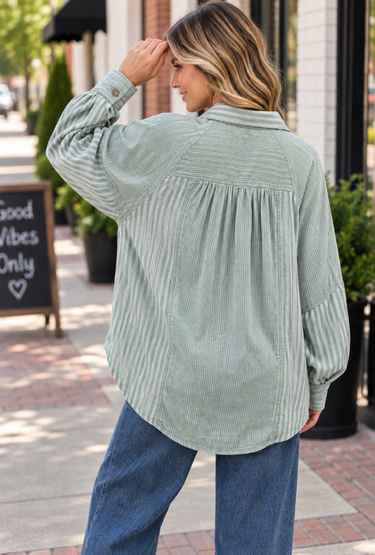BOHO  SAGE GAUZE STRIPES TOP