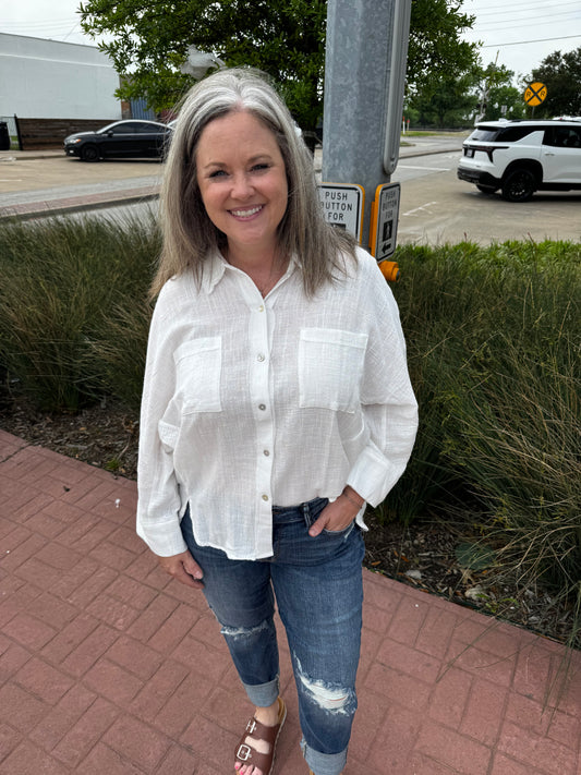 Beach Day White Linen Buttonup Top