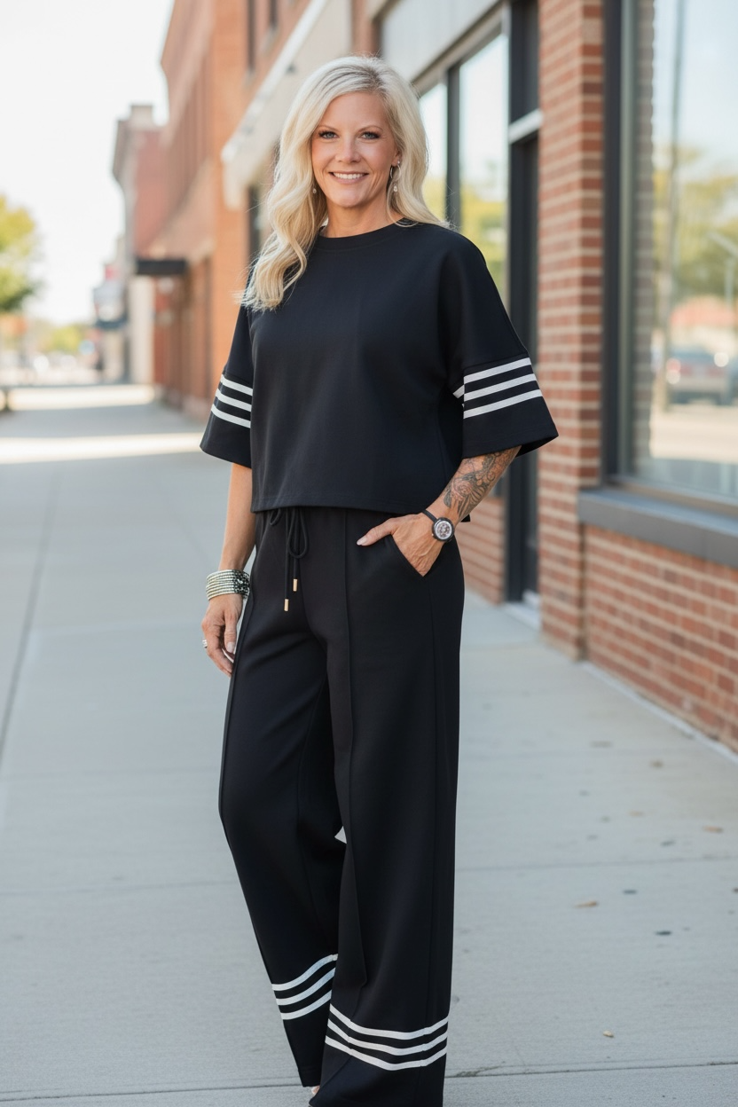 MILANIA BLACK CROPPED STRIPE SLEEVE TOP SET