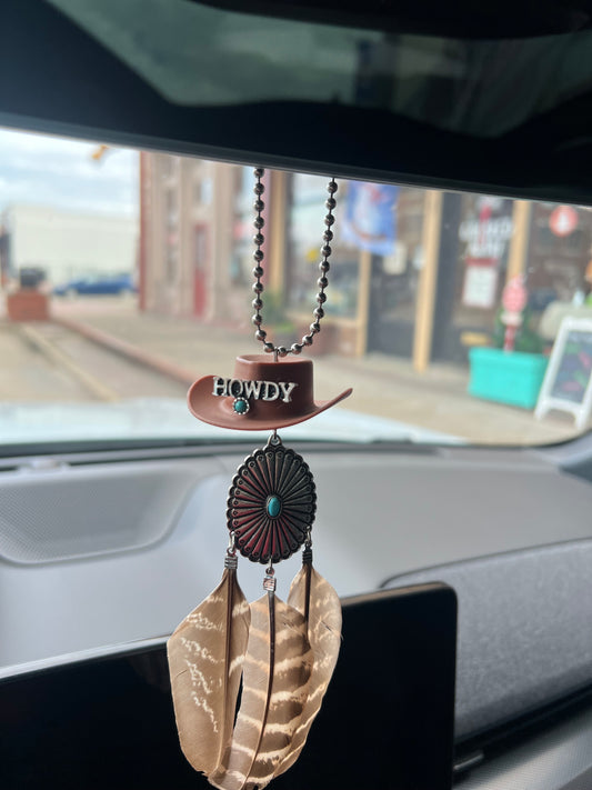 HOWDY COWBOY HAT FEATHER CAR HANGERS
