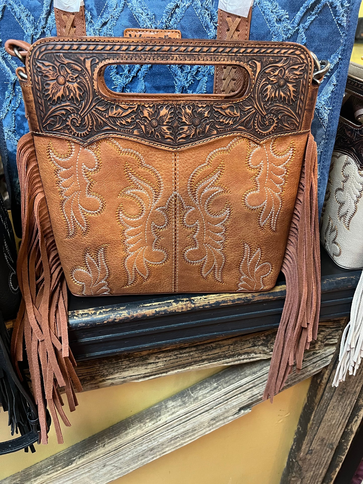 Wrangler Tooled Fringe Brown Large Purse