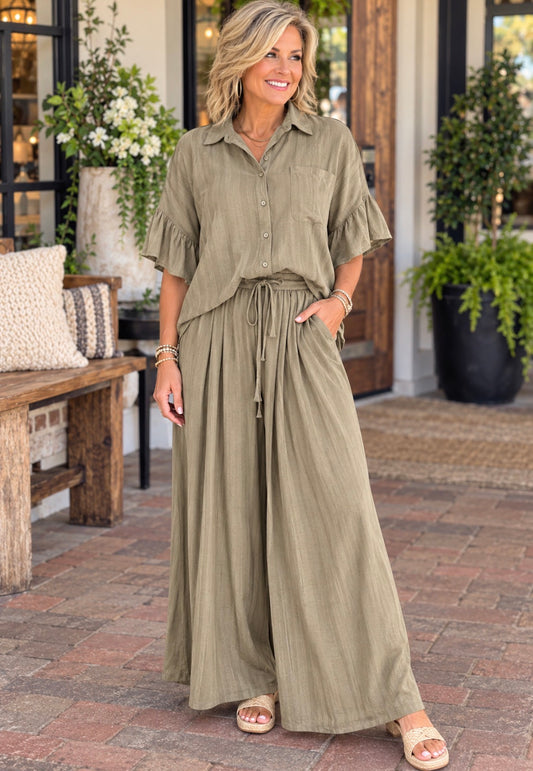 EASEL TAUPE TEXTURED PALAZZO TOP OF SET