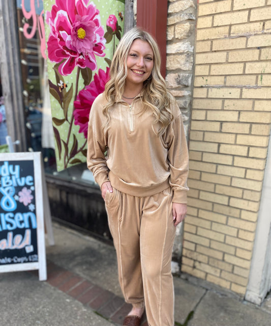 CUDDLE UP TAN VELVET PANTS