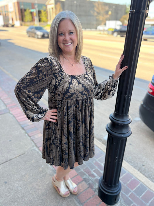 Black and Gold Burnout Velvet Dress