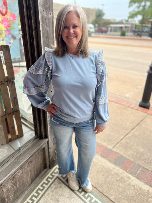 Blue Ruffled Long Sleeve Top