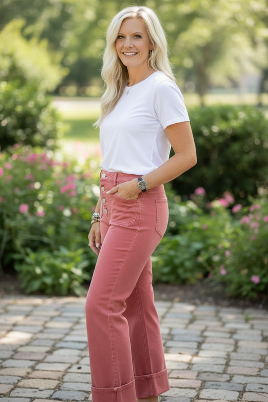 Risen  Brick High Rise Wide Leg Cuff Jeans
