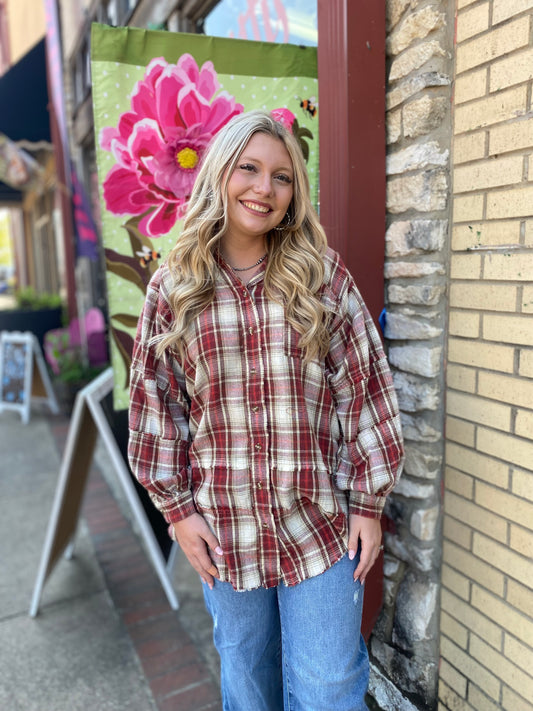 BOHO CRIMSON PLAID OVERSIZED BUTTON DOWN