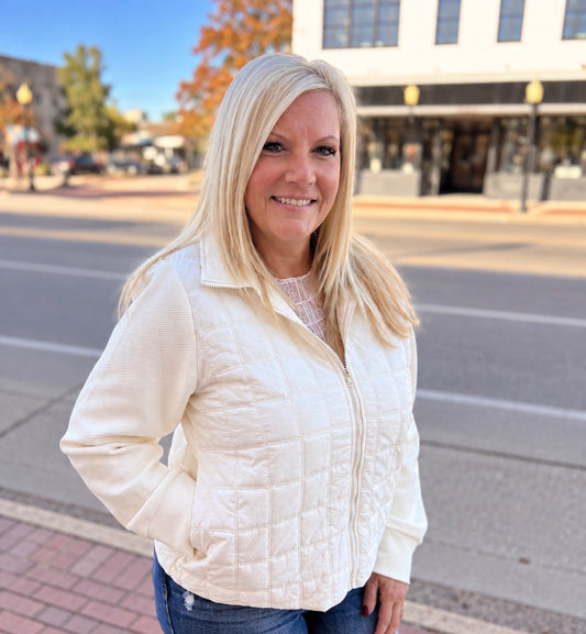 Cream Puffer Jacket With Textured Sleeves