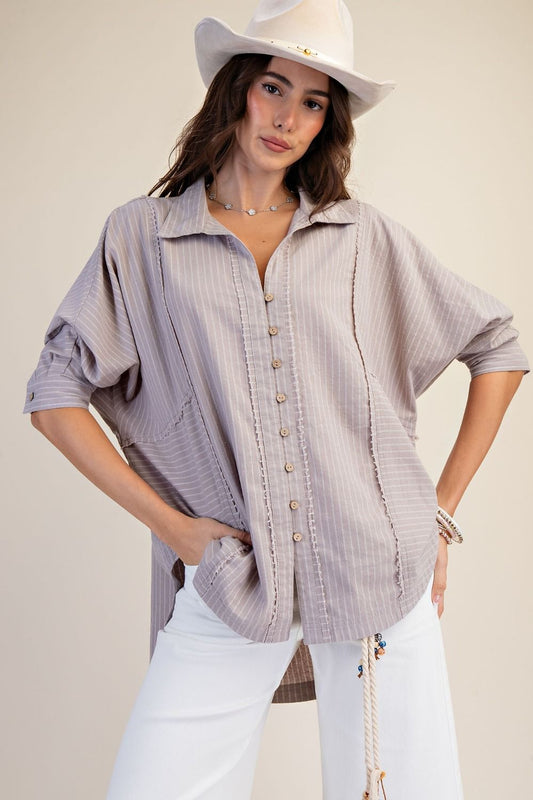 STRIPED LINEN TAUPE 3/4 SLEEVES